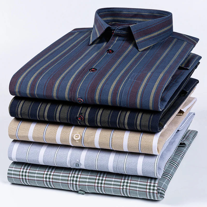 Plus Size 14XL 100%Cotton Long-Sleeve Shirts for Men Slim Fit Formal Plain Shirt Soft Plaid Striped Tops Office Elegants Clothes