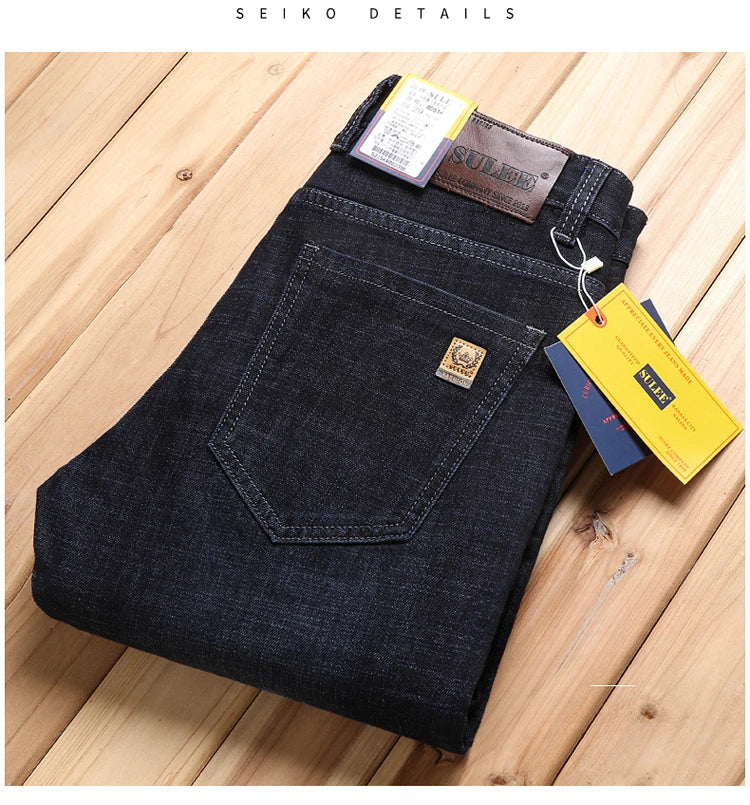 New High Quality Jeans Men's Business Casual Straight Denim Pants Stretch Fashion Classic Work Trousers Blue Black Male