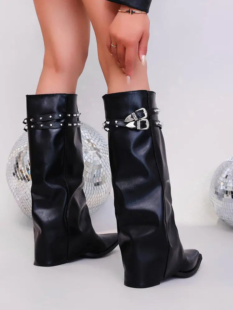 Women's Black Studded Buckle Knee-High Boots
