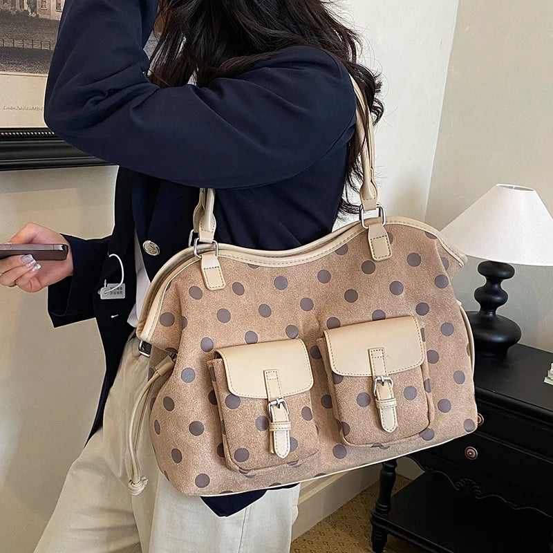 Women's Tote Bag Vintage Dot-Pattern Faux PU Leather Zipper Shoulder Bag with Phone Pocket