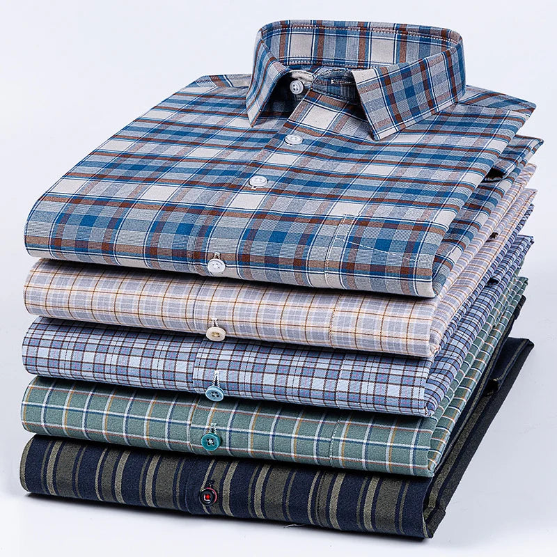 Plus Size 14XL 100%Cotton Long-Sleeve Shirts for Men Slim Fit Formal Plain Shirt Soft Plaid Striped Tops Office Elegants Clothes