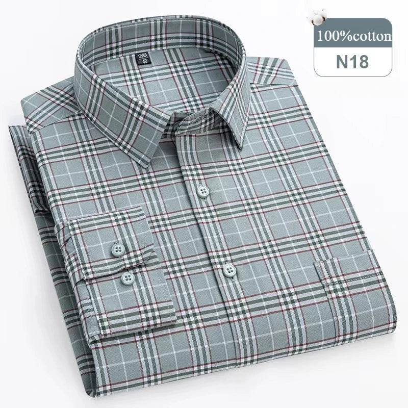 Plus Size 14XL 100%Cotton Long-Sleeve Shirts for Men Slim Fit Formal Plain Shirt Soft Plaid Striped Tops Office Elegants Clothes