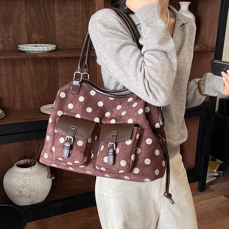 Women's Tote Bag Vintage Dot-Pattern Faux PU Leather Zipper Shoulder Bag with Phone Pocket