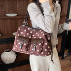 Women's Tote Bag Vintage Dot-Pattern Faux PU Leather Zipper Shoulder Bag with Phone Pocket