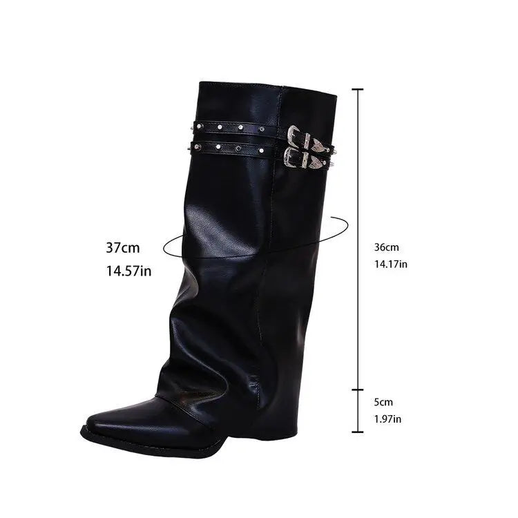 Women's Black Studded Buckle Knee-High Boots