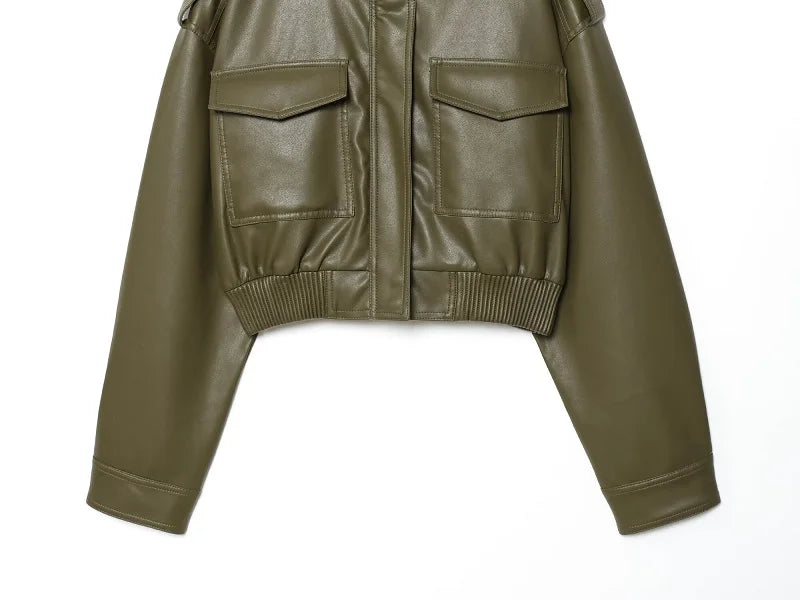 Women's High-Neck Zip-Up Moto Jacket with Pockets
