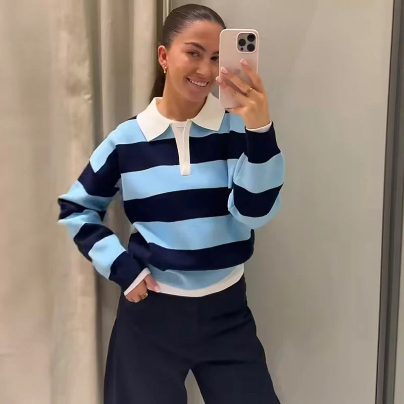 Women's Striped Polo Sweater Casual Long Sleeve Loose Pullover