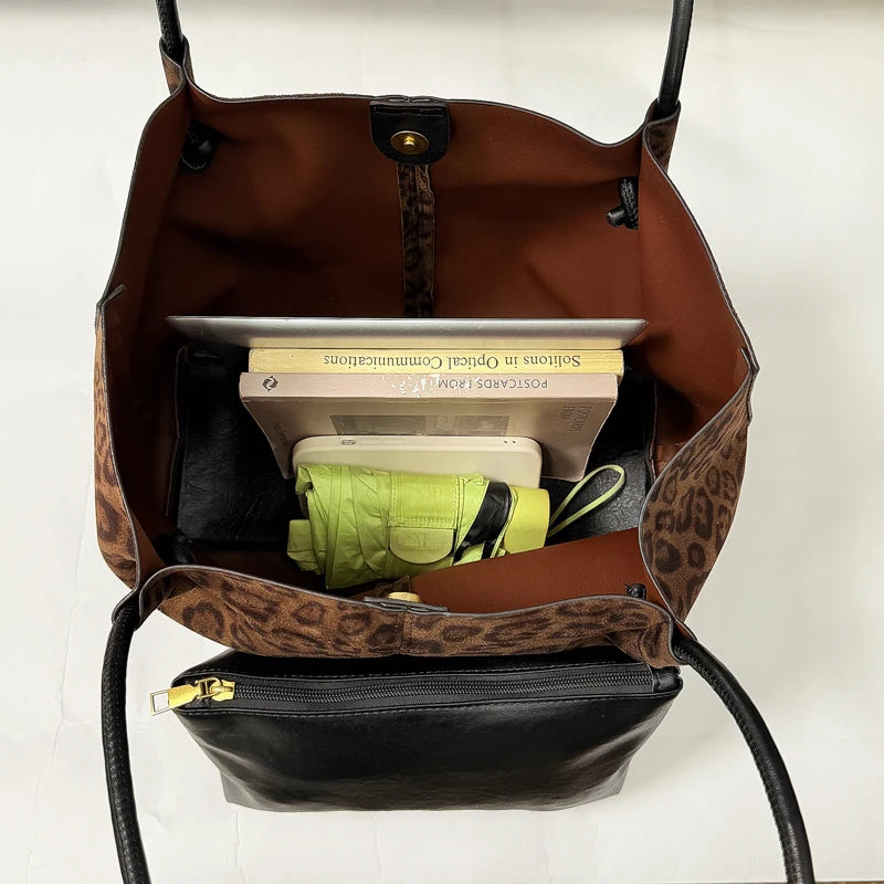 Women's Leopard Print Faux Leather Tote Shoulder Bag