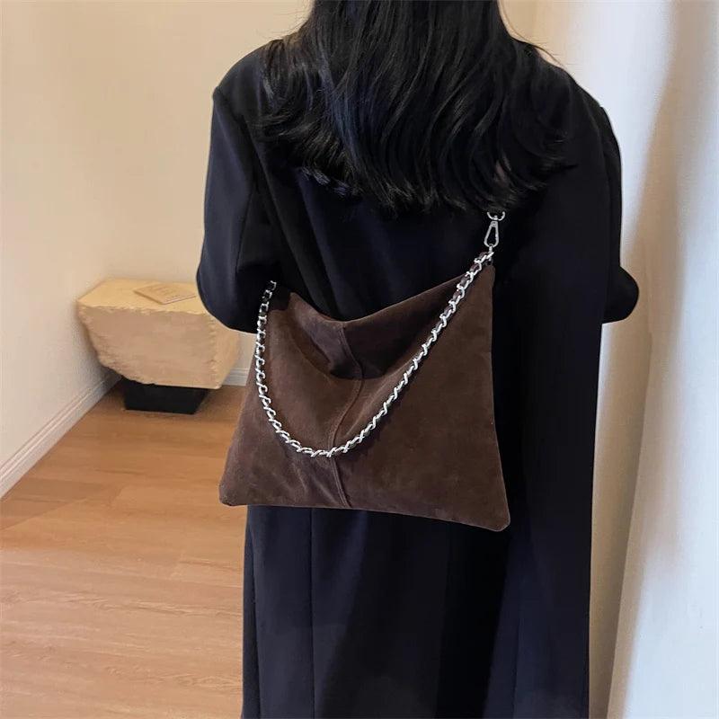 Large Shoulder Bags Nubuck Soft Leather Chain Strap Zipper Women Purses