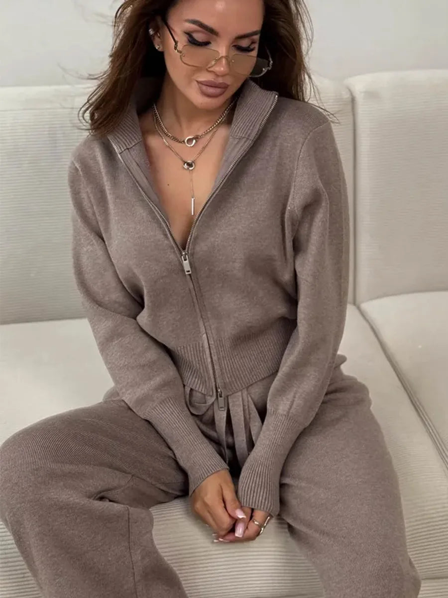 Women's Knit 2-Piece Set Zip-Up Stand Collar Cardigan Wide-Leg Ankle Pants Office Lady Autumn Winter Outfit