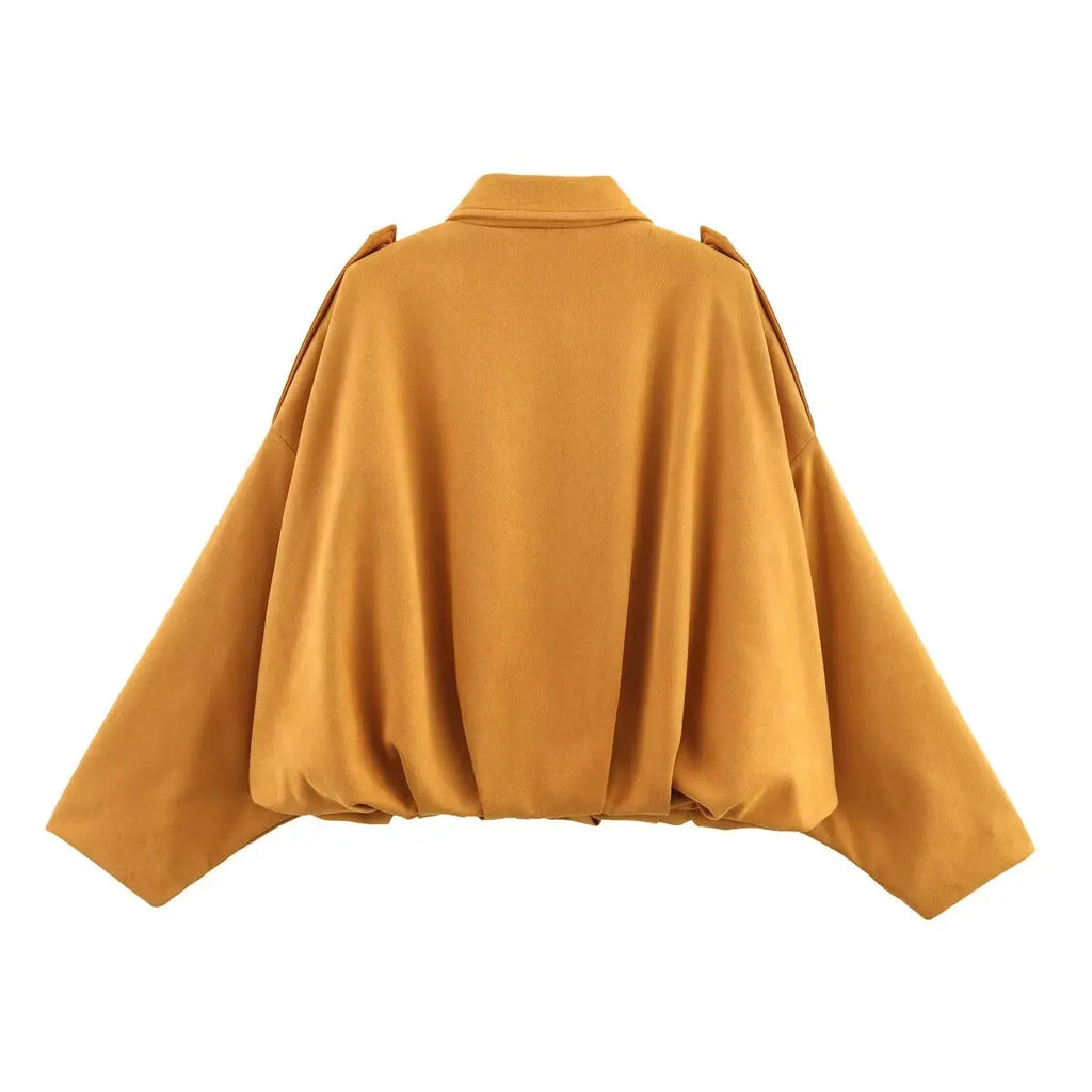 Women's Suede Textured Bomber Jacket Long Sleeve Lapel Collar Loose Coats Casual Outerwear