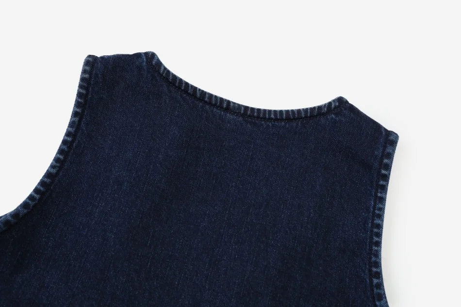 Vestido Varsity de Denim Azul Marinho para Crianças com Bordado