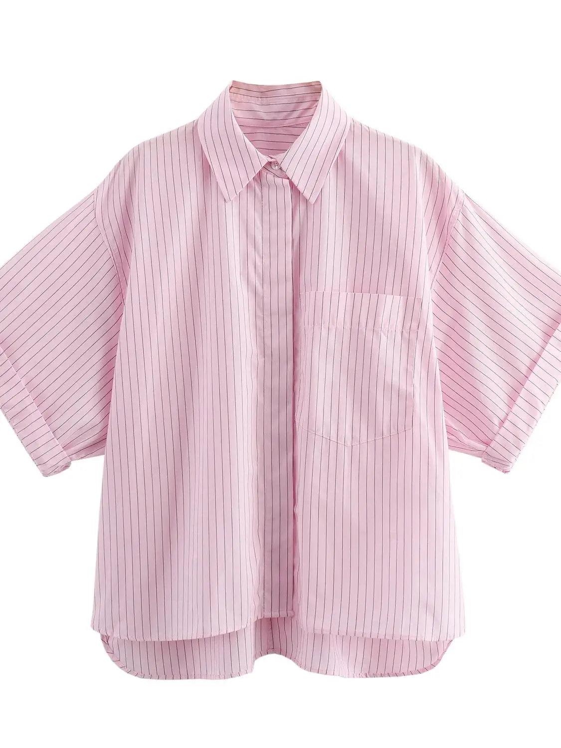 Pocket Poplin Shirt Collared Short Sleeve Front Button Tops Pink Stripe Sdb00a50b4e3f4ad5acdc23df3f83b44f1 STYLEINGER