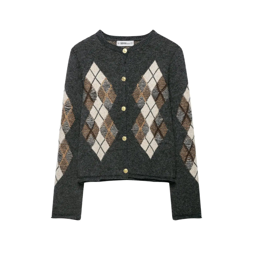 Women's Diamond Argyle Knit Button-Front Cardigan Casual Fashion Sweater