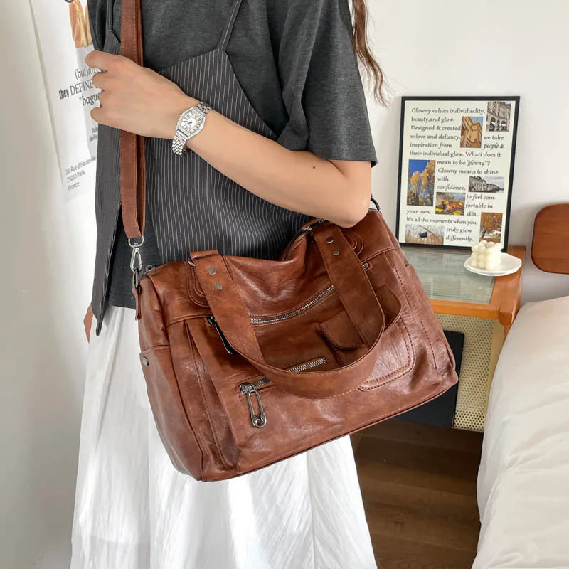 Women's Vintage PU Leather Tote Bag - Top Handle, Large Capacity, Crossbody