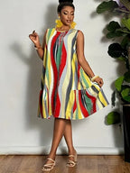 Plus-Size Ruffle Mini Dress – Colorblock Stripe Sleeveless Beach Dress