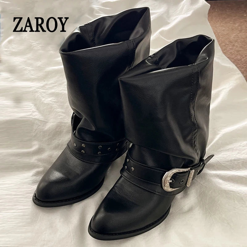 Women's Western Buckle Ankle Boots with Block Heels