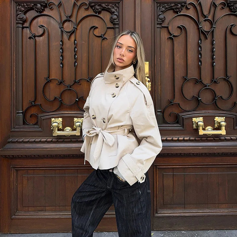 Women's Jacket Solid Lace-Up Double-Breasted Turn-Down Collar Full-Sleeve High-Waist Short Streetwear Coat