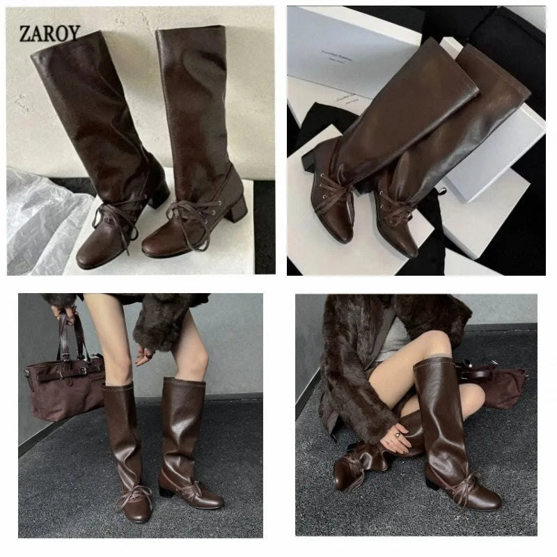Women's Knee-High Block Heel Boots with Lace-Up Detail
