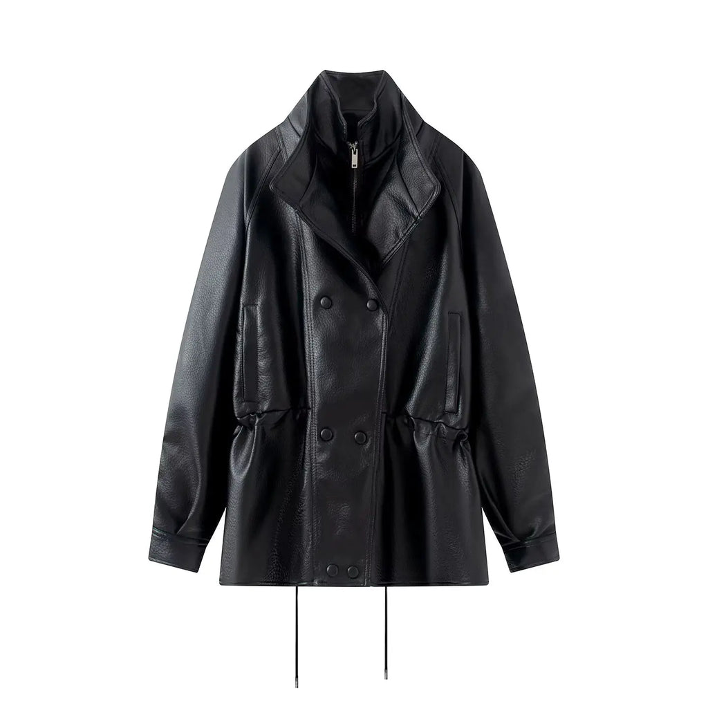 Women's Jacket Vintage PU Faux Leather Drawstring Double-Breasted Pleated Full-Sleeve Casual Coat