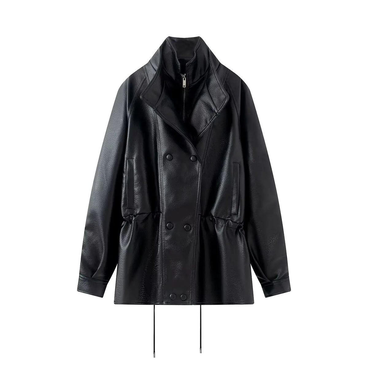 Women's Jacket Vintage PU Faux Leather Drawstring Double-Breasted Pleated Full-Sleeve Casual Coat