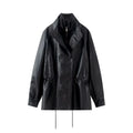 Women's Jacket Vintage PU Faux Leather Drawstring Double-Breasted Pleated Full-Sleeve Casual Coat