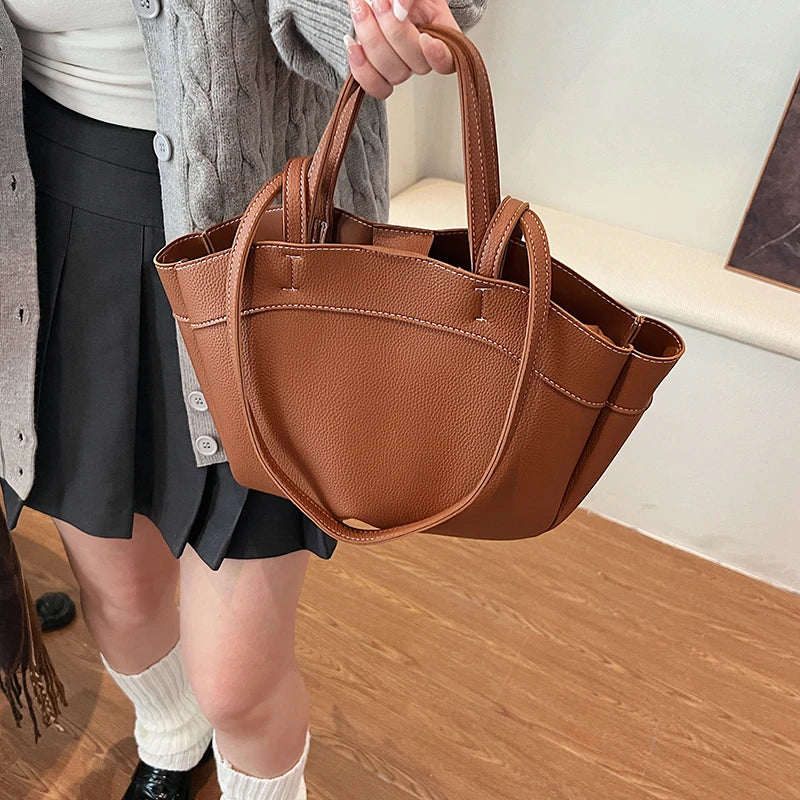 Large Leather Tote Bucket Bags Women Snap with Interior Zipper Purse Handbags