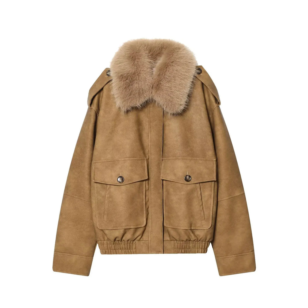 Women's  Faux Fur Collared Zip-Up Jacket with Pockets