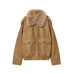 Women's  Faux Fur Collared Zip-Up Jacket with Pockets