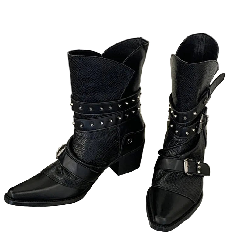 Women's Black Buckle Ankle Boots with Block Heels