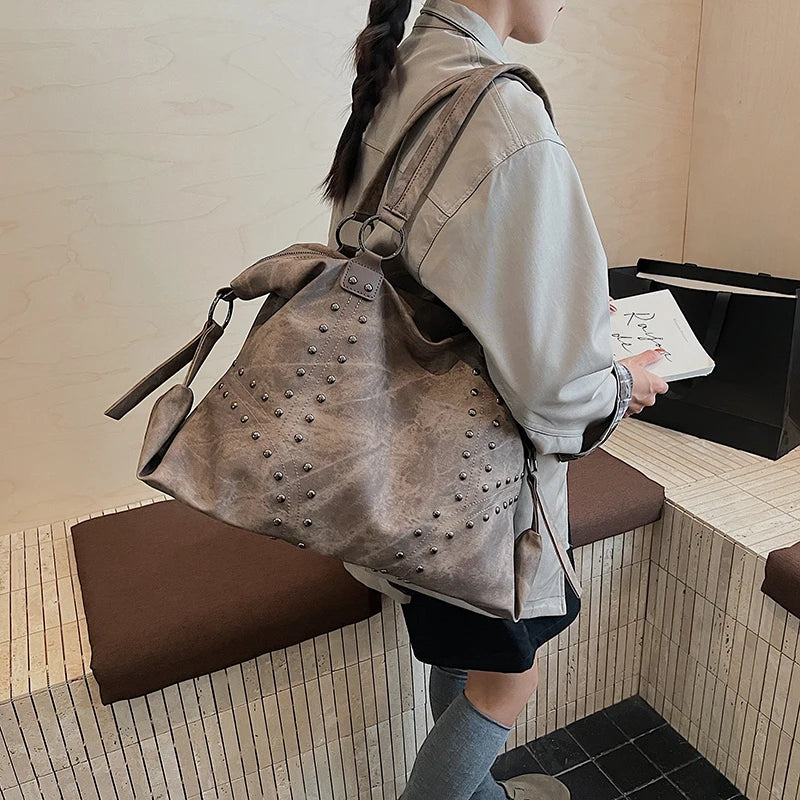 Women's Rivet PU Leather Large Capacity Shoulder Bag – Punk Style Tote Handbag
