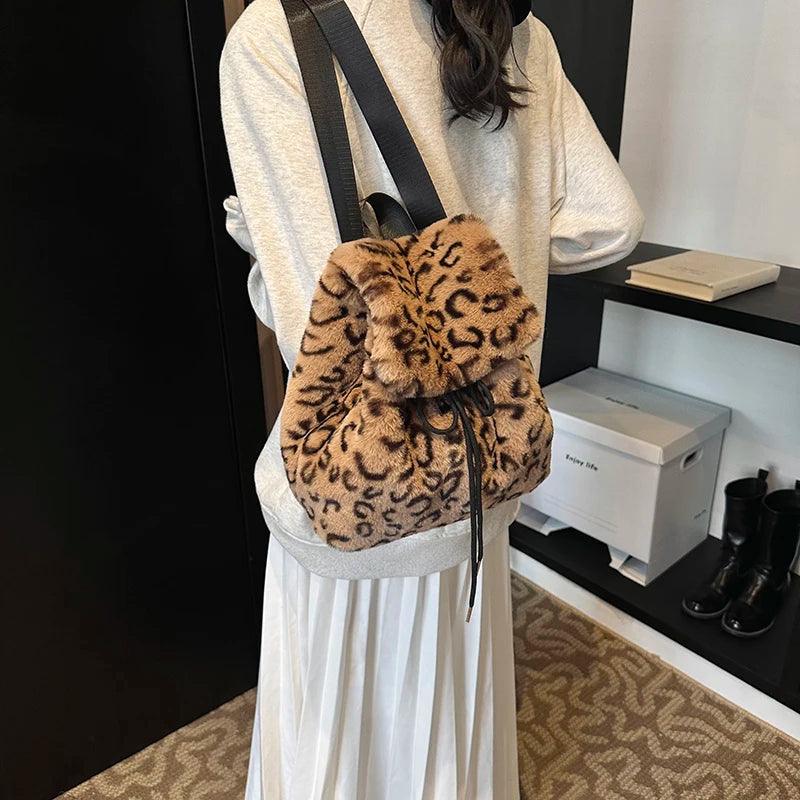 Faux Fur Small Leopard Backpacks Women's Flap Drawstring Soft Solid Shoulder Bag