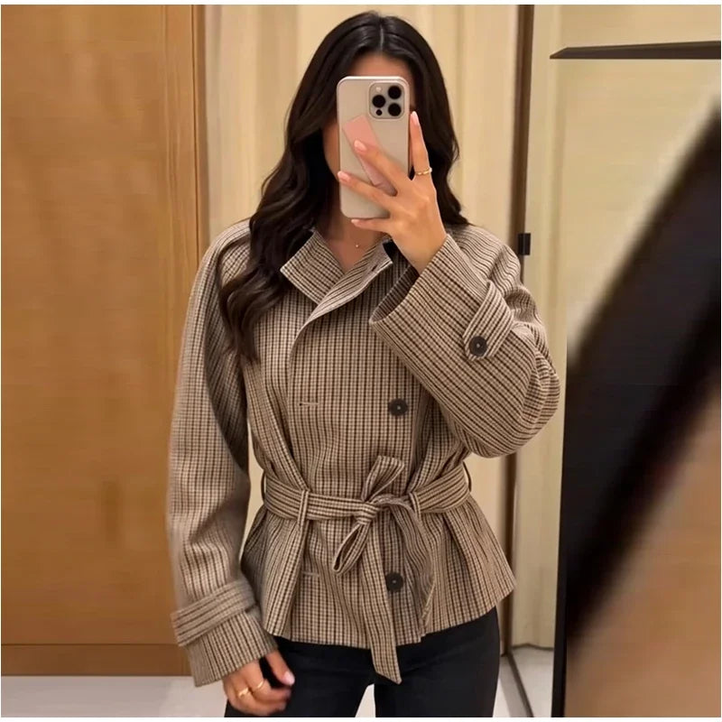 Women's Jacket Polyester Plaid Loose Stand Collar Full-Zip Full-Sleeve Casual Autumn Outerwear