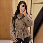 Women's Jacket Polyester Plaid Loose Stand Collar Full-Zip Full-Sleeve Casual Autumn Outerwear