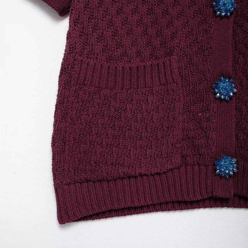 Single Breasted Knitted Sweater V-Neck Short Sleeve Blue Jewel Buttons Sde22591315a24163a37b1687fedb6ca2a STYLEINGER