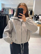 Women's Jacket Plaid Hooded Full-Zip Loose Turn-Down Collar Full-Sleeve Varsity Bomber Coat