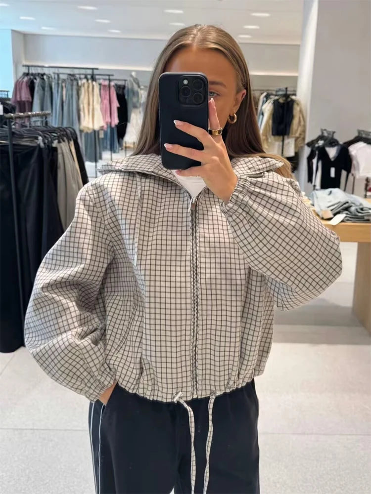 Women's Jacket Plaid Hooded Full-Zip Loose Turn-Down Collar Full-Sleeve Varsity Bomber Coat