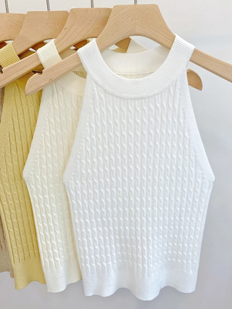 Women's Knitted Halter Camisole Slim Fit Sleeveless Base Tank Tops Solid Crop Tops