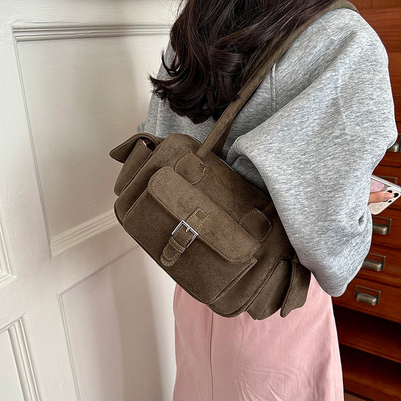 Women's Shoulder Bag Vintage Faux-Suede Baguette Zipper Underarm Bag with Phone Pocket