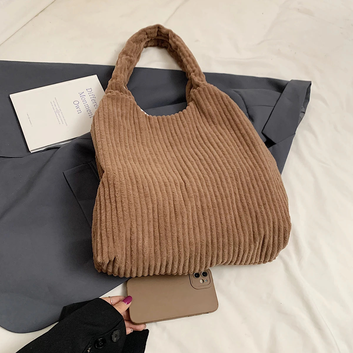 Soft Large Corduroy Handbags Women Snap Casual Style Tote Handbags