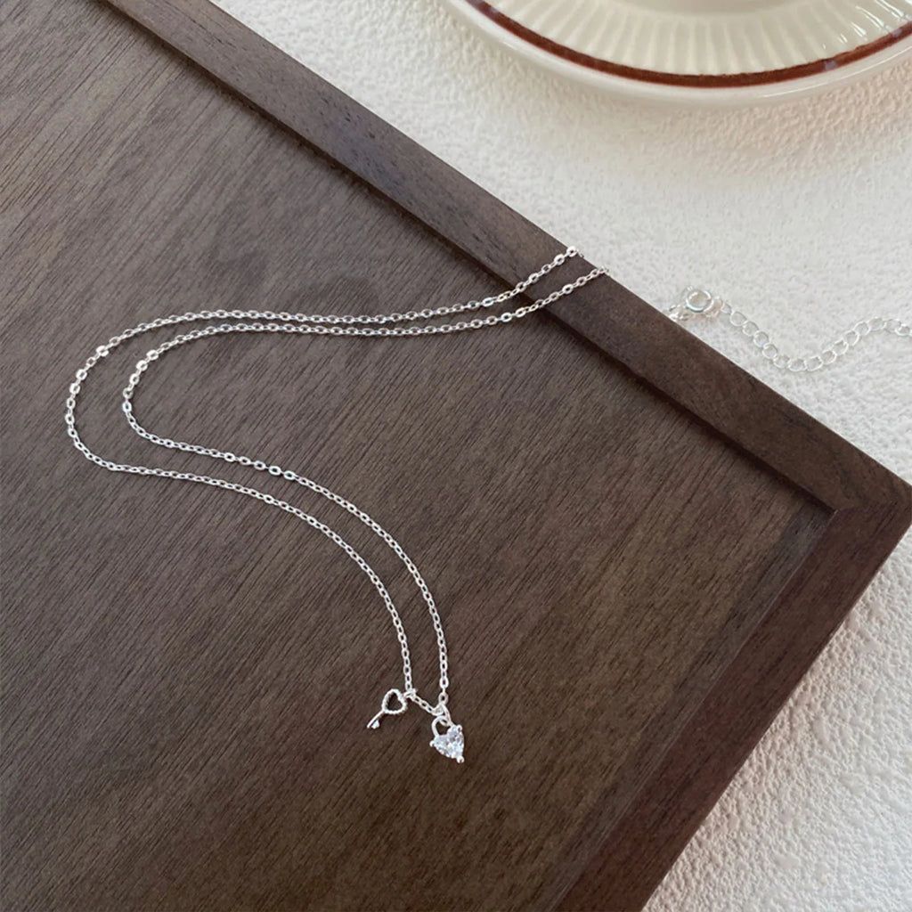 S925 Sterling Silver Unique Key and Heart Pendant Necklace Women Chain Jewelry