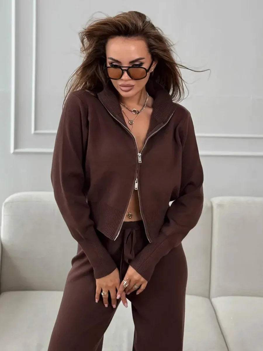 Women's Knit 2-Piece Set Zip-Up Stand Collar Cardigan Wide-Leg Ankle Pants Office Lady Autumn Winter Outfit