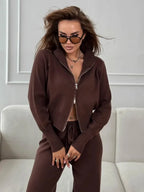 Women's Knit 2-Piece Set Zip-Up Stand Collar Cardigan Wide-Leg Ankle Pants Office Lady Autumn Winter Outfit