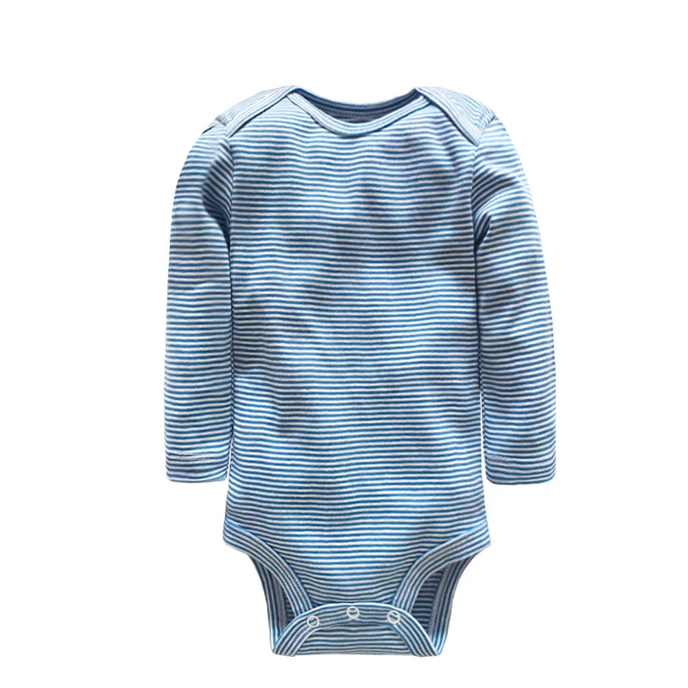 Blue and white striped long sleeve onesie with ribbed collar and leg opening snaps