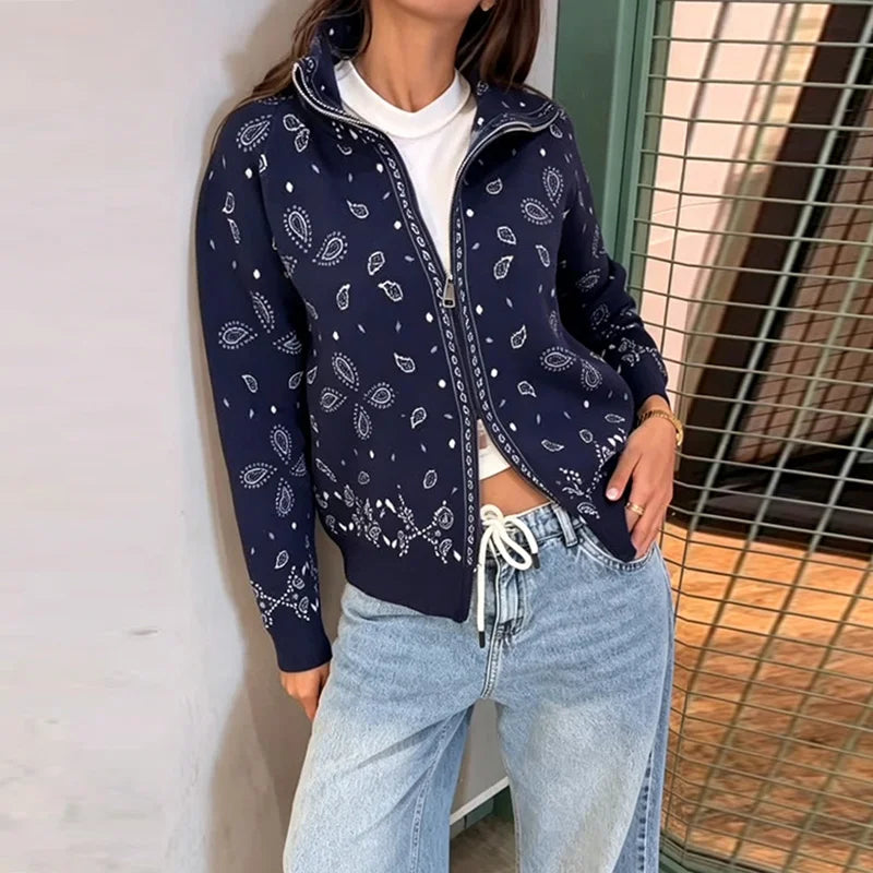 Casual Knit Printed Sweater Women Autumn Winter Loose Stand Collar Long Sleeve Button Knitwear Female 2026 Chic Lady Cardigan