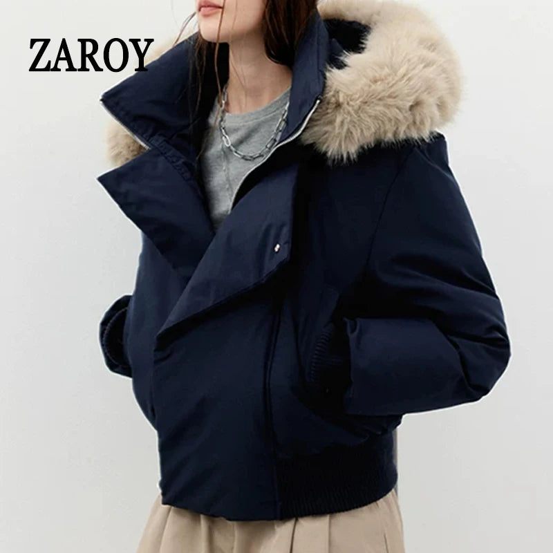 Women's Hooded Winter Bomber Jacket with Faux Fur Trim