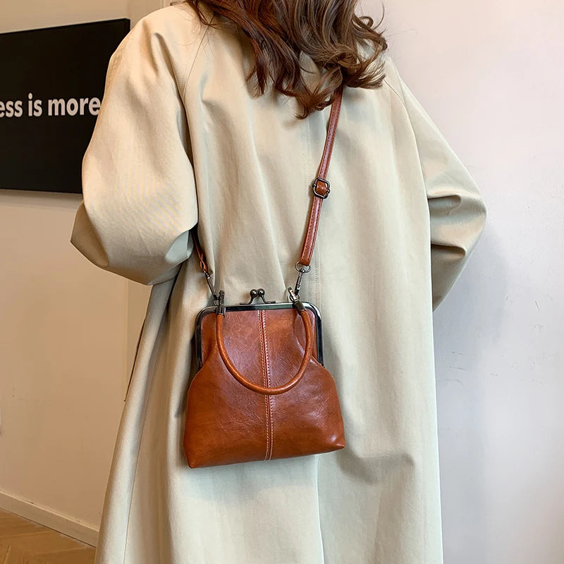 Small Leather Tote Handbags Retro Kiss Lock Short Handle Women Crossbody Bags