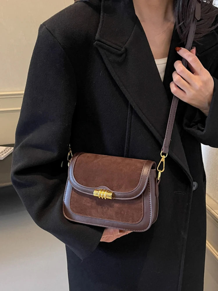 Retro Faux Suede Brown Crossbody Bags Women Flap Small Square Casual Bag