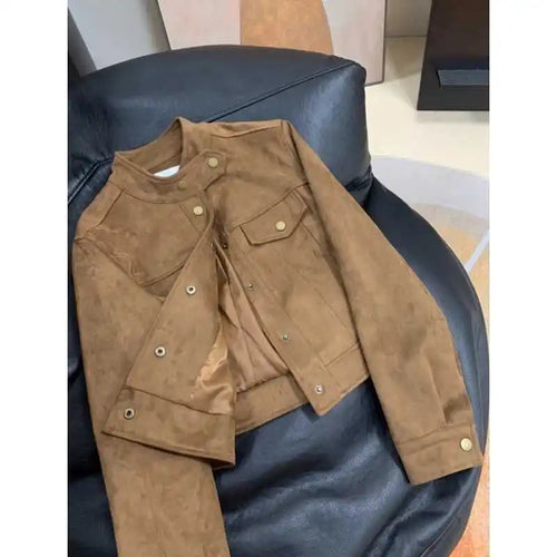Womens Casual Autumn Suede Jacket Long Sleeve Fashion Outwear Coat