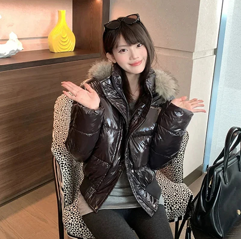Women's Glossy Hooded Puffer Jacket with Faux Fur Trim